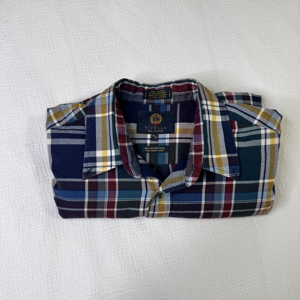 Viyella Plaid Button Down Shirt Blue Burgundy Men’s XL Cotton Wool Casual Preppy - Picture 14 of 14